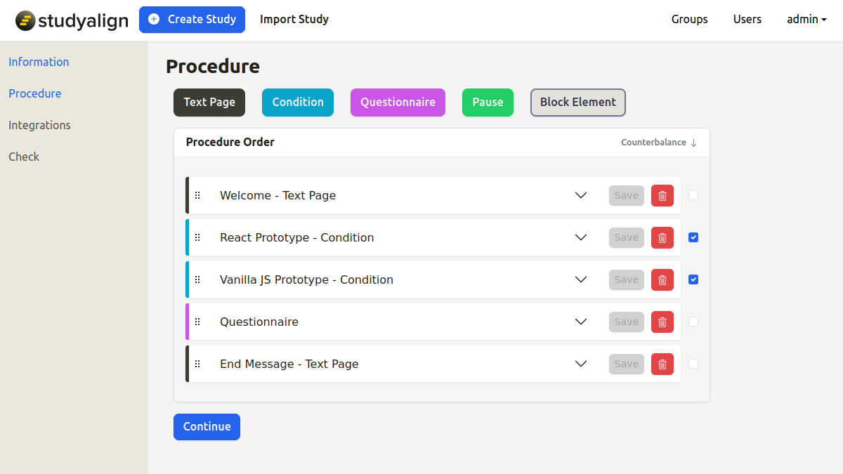StudyAlign admin panel: the interactive procedure editor