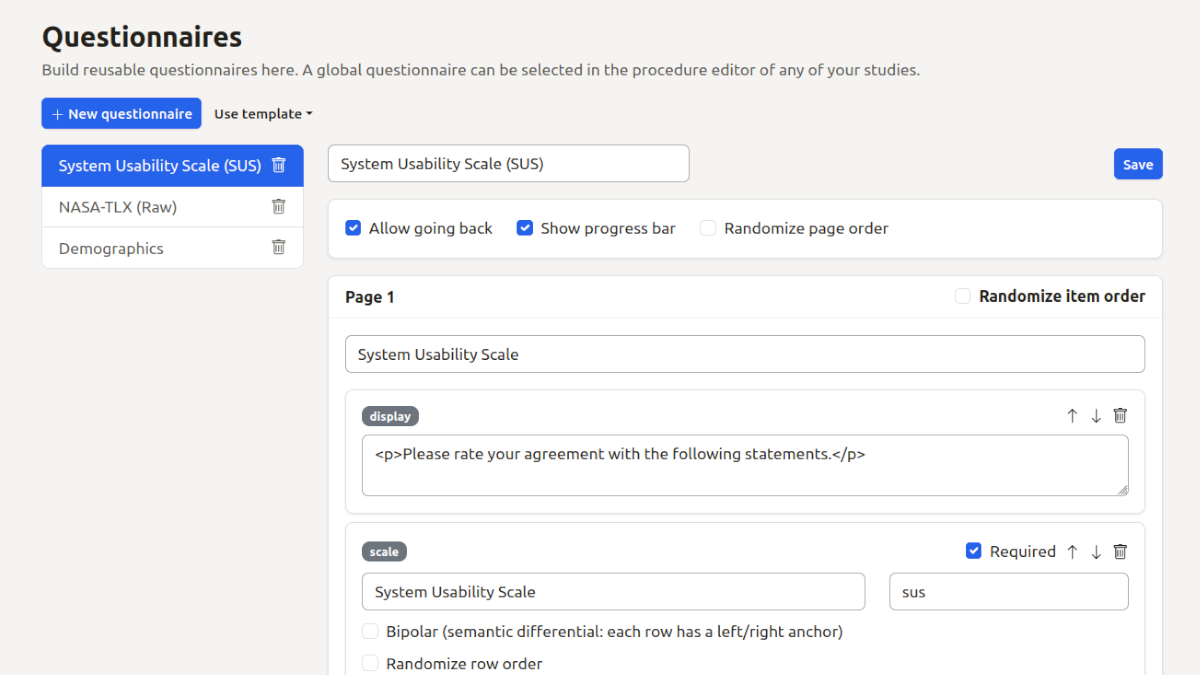 StudyAlign native questionnaire builder with a System Usability Scale template